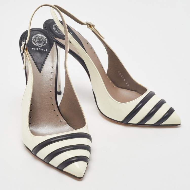 Pre Owned Versace Off White/Black Patent and Leather Slingback Pumps Size 39