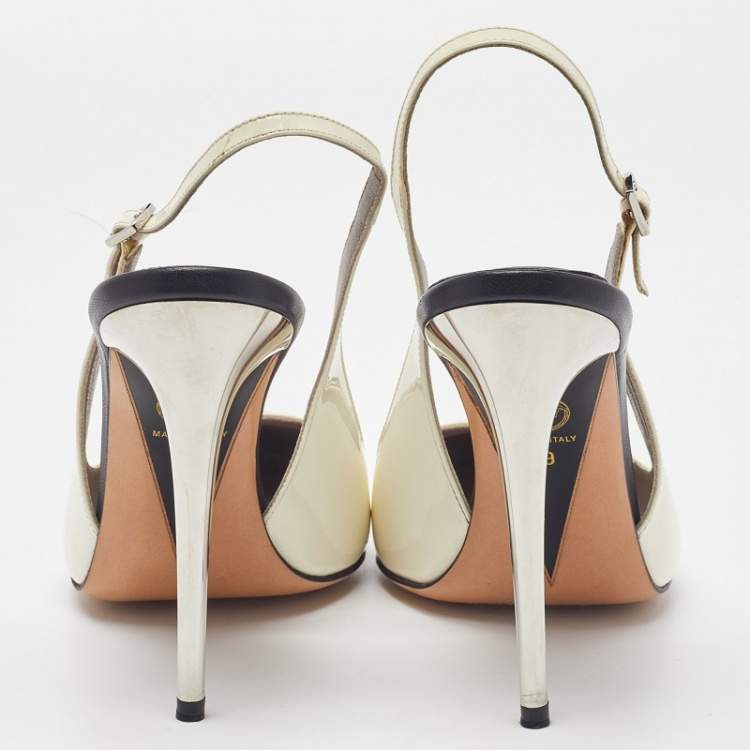 Pre Owned Versace Off White/Black Patent and Leather Slingback Pumps Size 39
