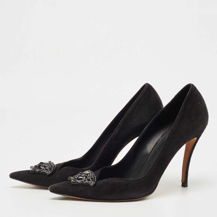 Pre Owned Versace Black Suede Medusa Pointed Toe Pumps Size 39.5