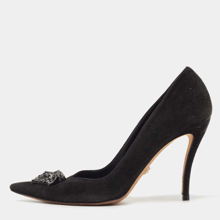 Pre Owned Versace Black Suede Medusa Pointed Toe Pumps Size 39.5