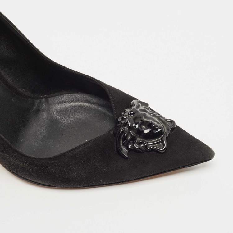 Pre Owned Versace Black Suede Medusa Pointed Toe Pumps Size 39.5