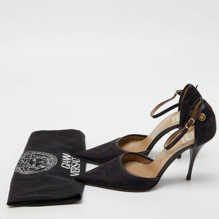 Pre Owned Versace Black Embroidered Canvas and Leather Ankle Strap Pumps Size 37
