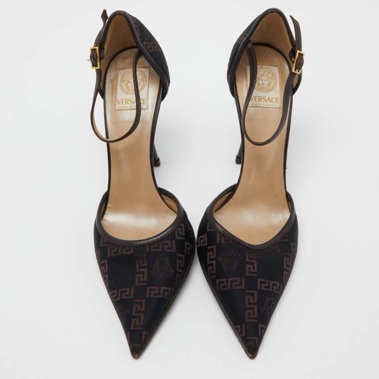 Pre Owned Versace Black Embroidered Canvas and Leather Ankle Strap Pumps Size 37