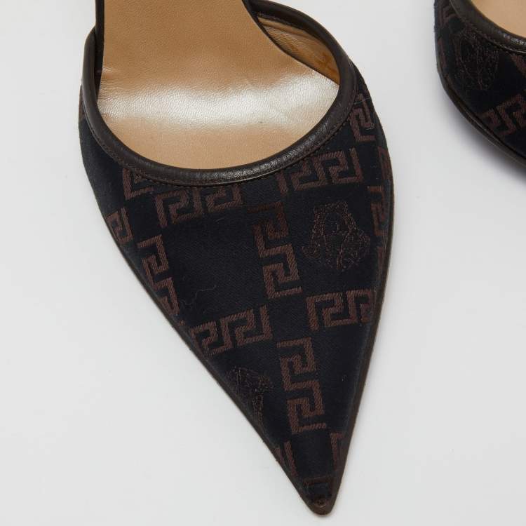 Pre Owned Versace Black Embroidered Canvas and Leather Ankle Strap Pumps Size 37
