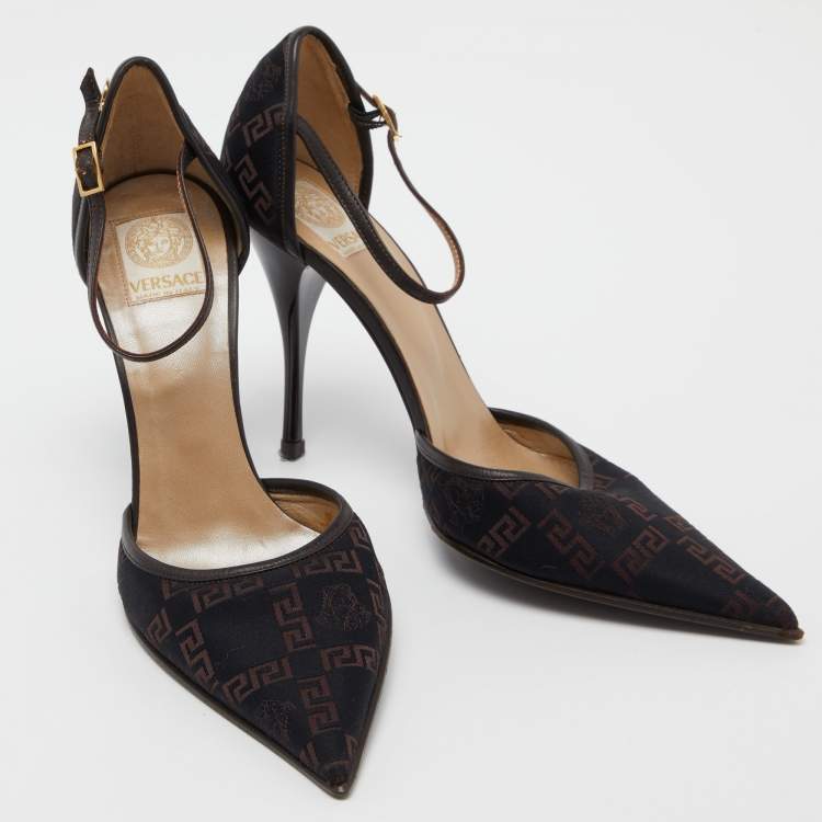 Pre Owned Versace Black Embroidered Canvas and Leather Ankle Strap Pumps Size 37