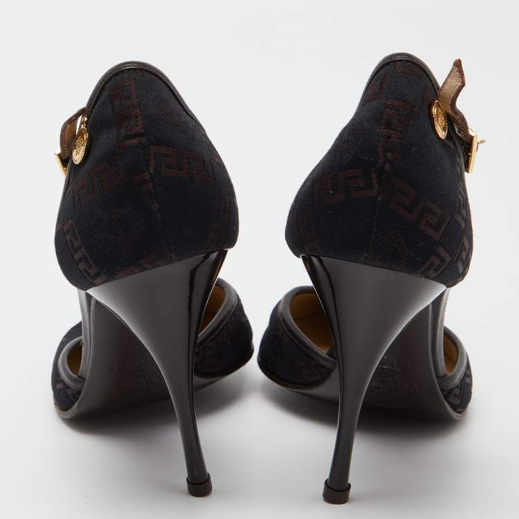 Pre Owned Versace Black Embroidered Canvas and Leather Ankle Strap Pumps Size 37