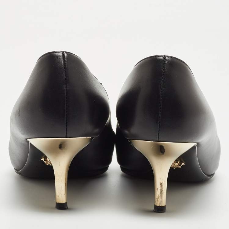 Pre Owned Versace Black Leather Medusa Pointed Toe Pumps Size 37