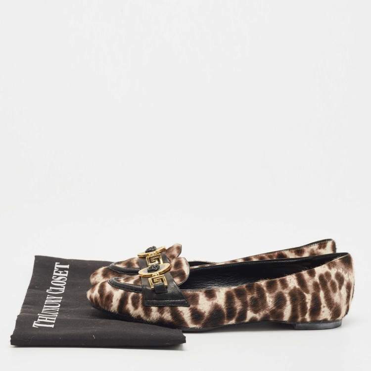 Pre Owned Versace Brown Leopard Print Calf Hair Medusa Ballet Flats Size 36
