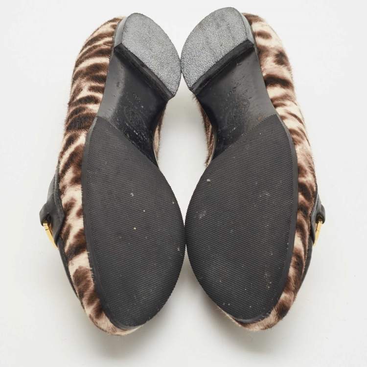 Pre Owned Versace Brown Leopard Print Calf Hair Medusa Ballet Flats Size 36