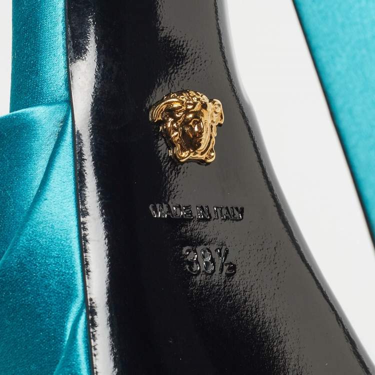 Pre Owned Versace Blue Turquoise Satin Aevitas Crystal Embellished Ankle Strap Platform Block Heel Pumps Size 38.5