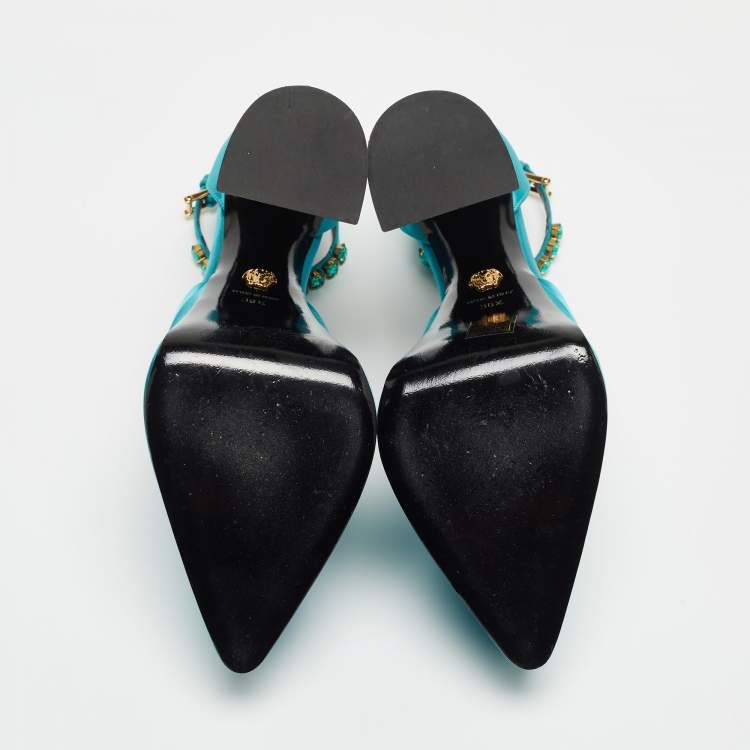 Pre Owned Versace Blue Turquoise Satin Aevitas Crystal Embellished Ankle Strap Platform Block Heel Pumps Size 38.5