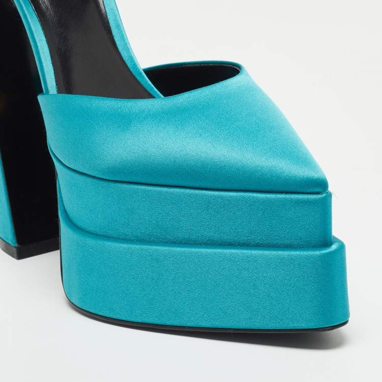 Pre Owned Versace Blue Turquoise Satin Aevitas Crystal Embellished Ankle Strap Platform Block Heel Pumps Size 38.5