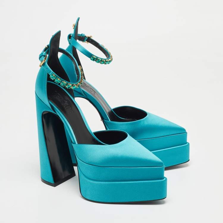 Pre Owned Versace Blue Turquoise Satin Aevitas Crystal Embellished Ankle Strap Platform Block Heel Pumps Size 38.5