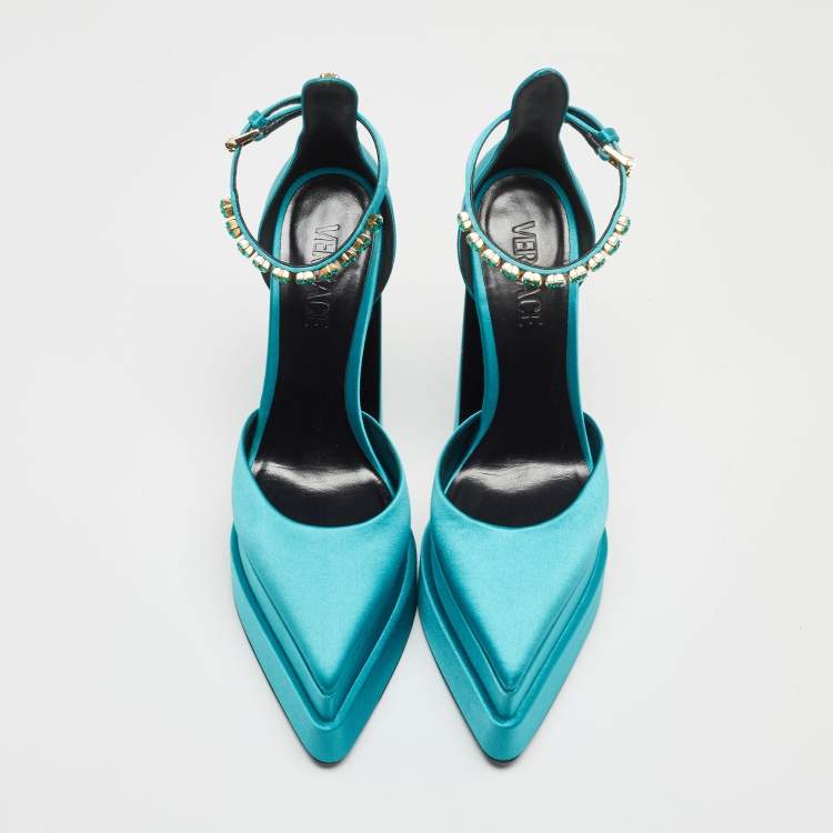 Pre Owned Versace Blue Turquoise Satin Aevitas Crystal Embellished Ankle Strap Platform Block Heel Pumps Size 38.5