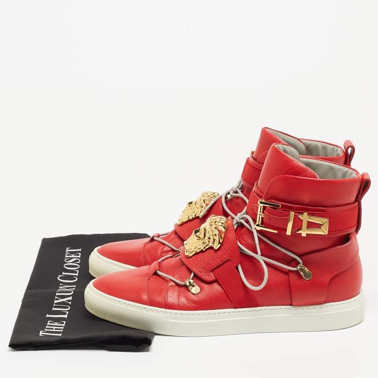 Pre Owned Versace Red Leather Medusa Strap High Top Sneakers Size 40
