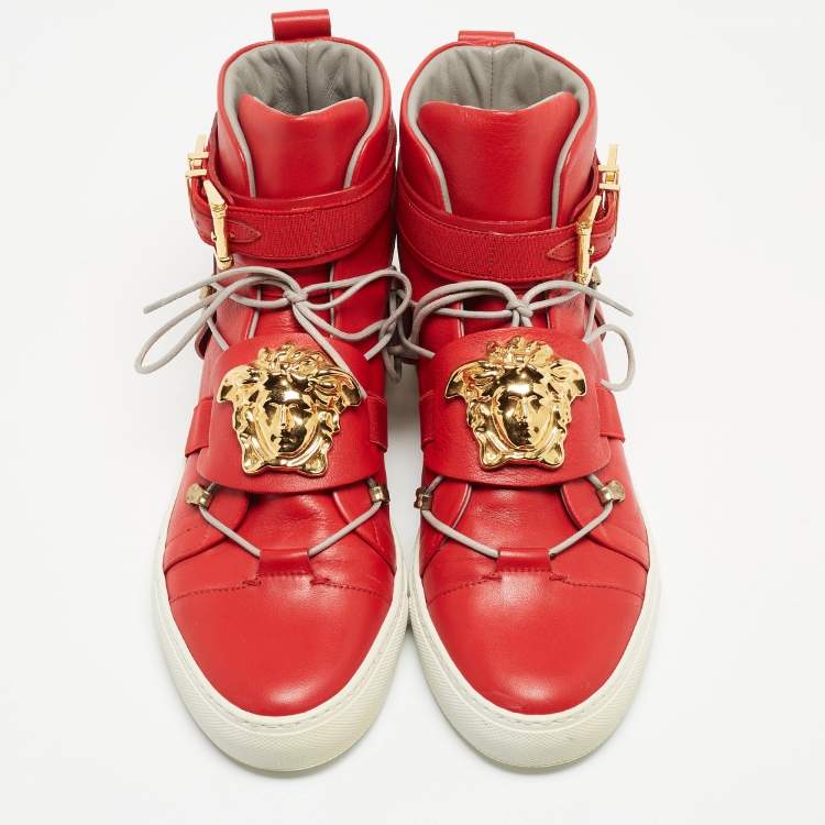 Pre Owned Versace Red Leather Medusa Strap High Top Sneakers Size 40