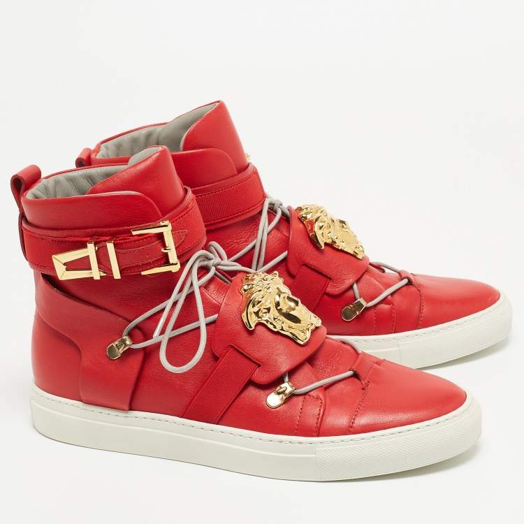 Pre Owned Versace Red Leather Medusa Strap High Top Sneakers Size 40