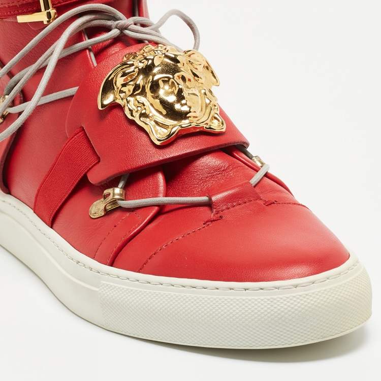 Pre Owned Versace Red Leather Medusa Strap High Top Sneakers Size 40