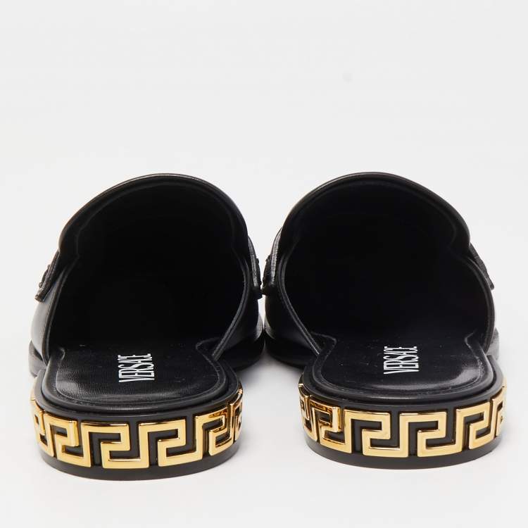 مملوكة مسبقًا Versace Black Leather Medusa Squared-Toe Loafer Mules Size 35