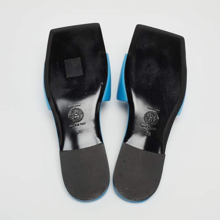 Pre Owned Versace Blue Leather Medusa Motif Flat Slides Size 35