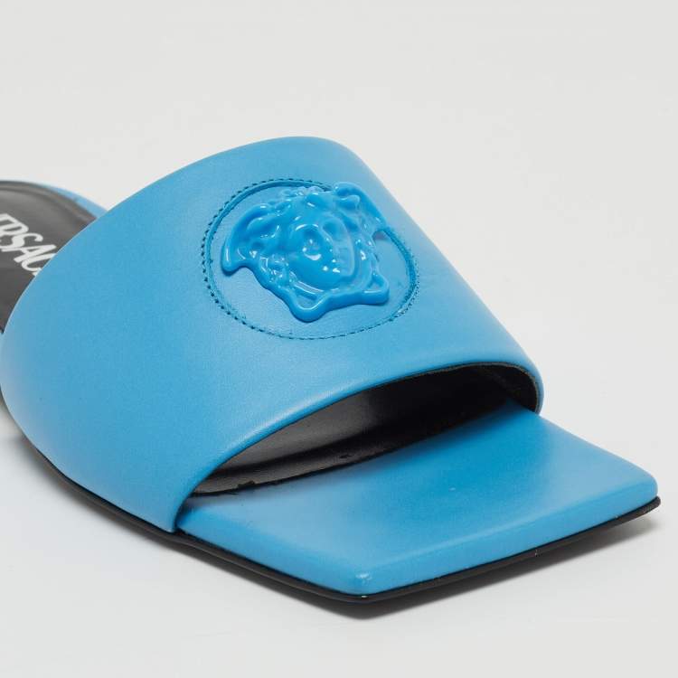 Pre Owned Versace Blue Leather Medusa Motif Flat Slides Size 35