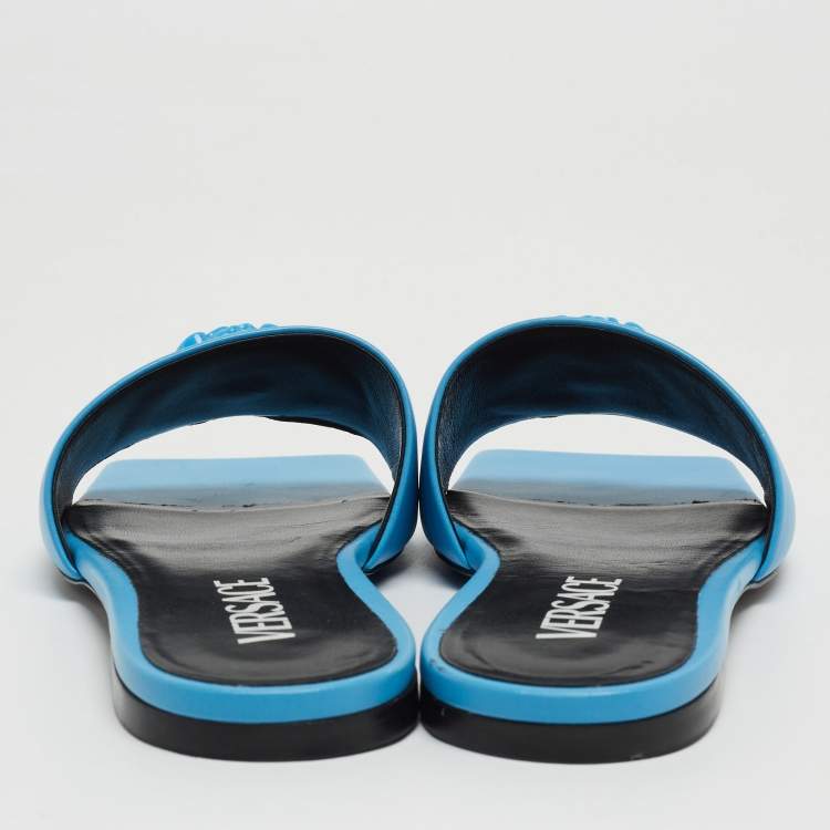 Pre Owned Versace Blue Leather Medusa Motif Flat Slides Size 35