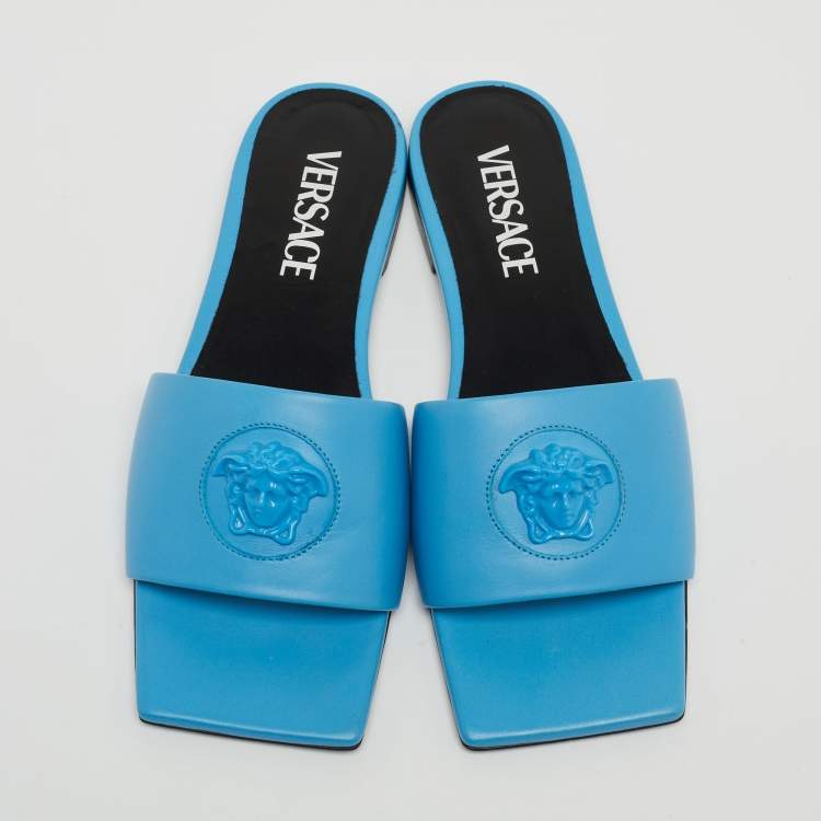 Pre Owned Versace Blue Leather Medusa Motif Flat Slides Size 35