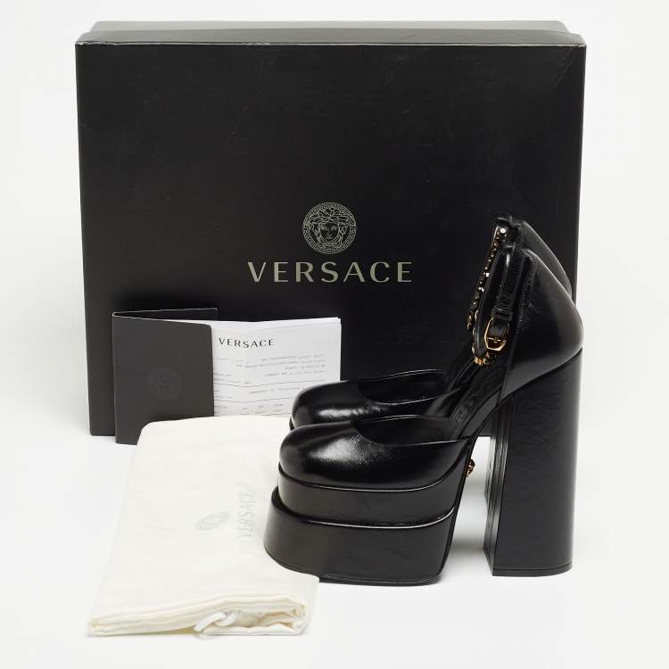 Pre Owned Versace Black Leather Medusa Aevitas Double Platform Pumps Size 35