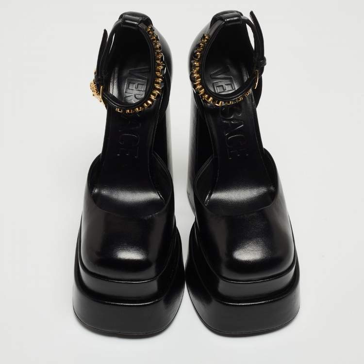 Pre Owned Versace Black Leather Medusa Aevitas Double Platform Pumps Size 35