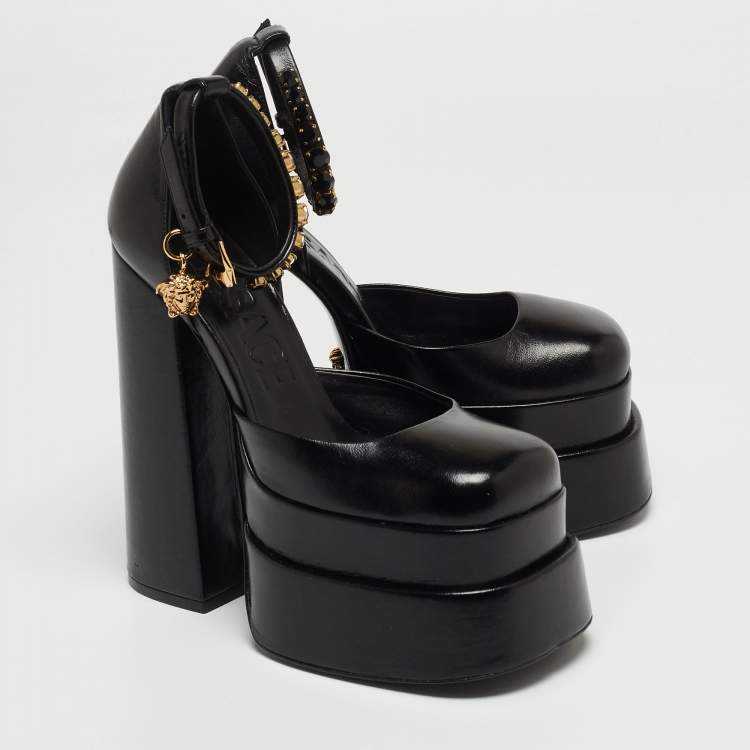 Pre Owned Versace Black Leather Medusa Aevitas Double Platform Pumps Size 35