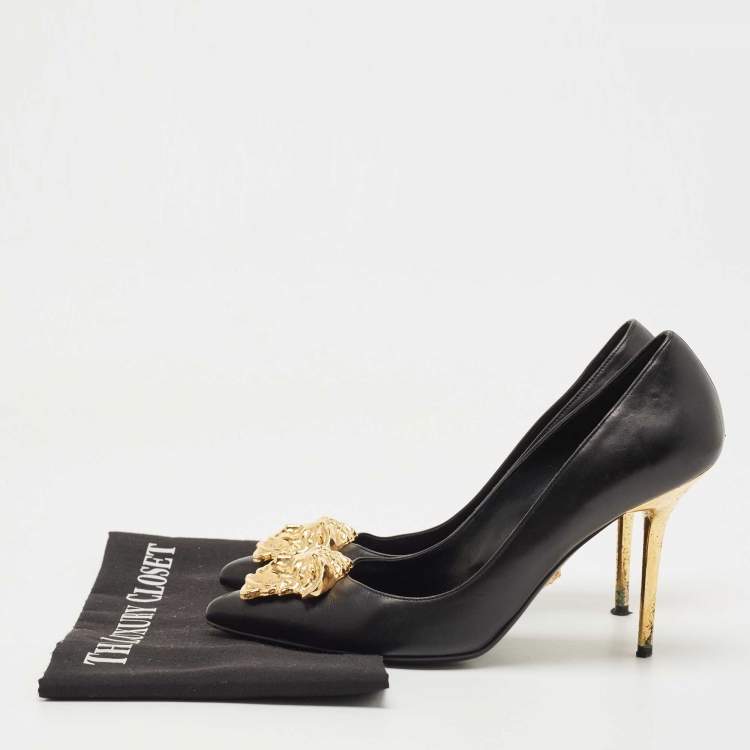 Pre Owned Versace Black Leather Medusa Head Pumps Size 38 