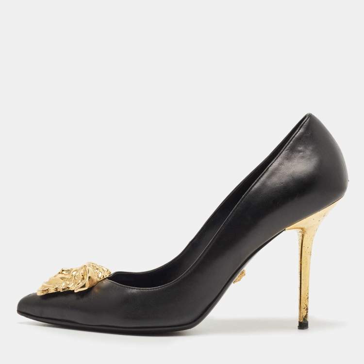 Pre Owned Versace Black Leather Medusa Head Pumps Size 38 