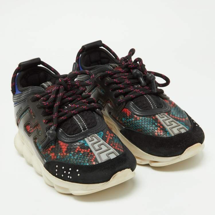 Pre Owned Versace Multicolor Snakeskin Embossed and Leather Lace Up Sneakers Size 39