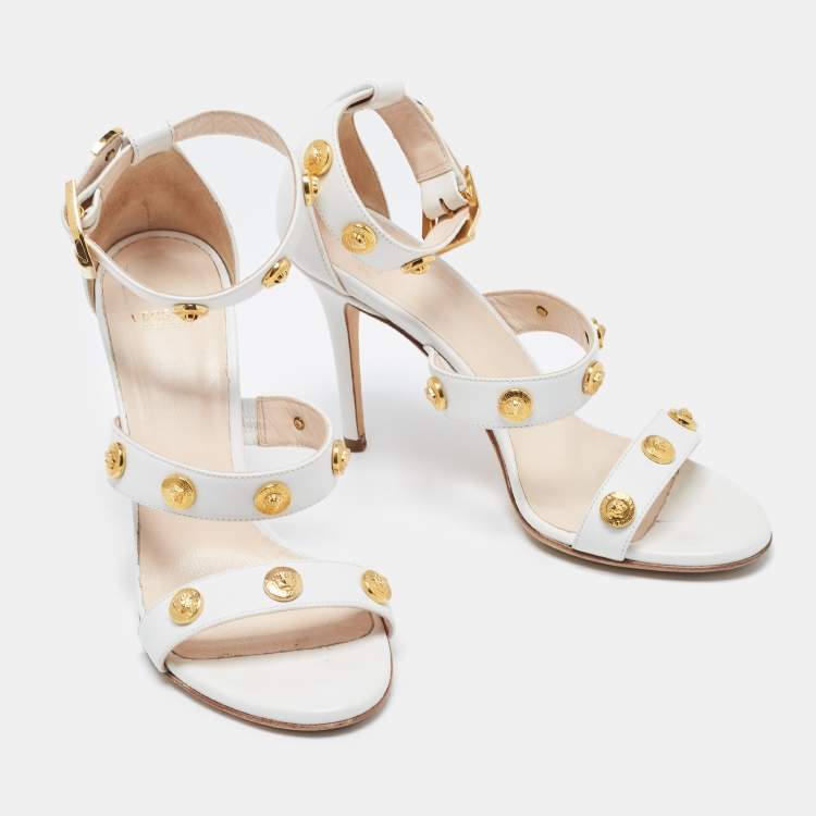 Pre Owned Versace White Leather Studded Medusa Ankle Strap Sandals Size 37