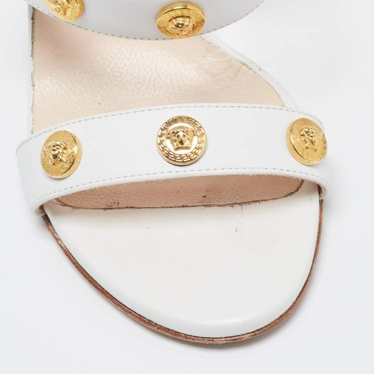 Pre Owned Versace White Leather Studded Medusa Ankle Strap Sandals Size 37
