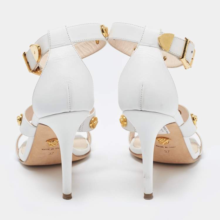 Pre Owned Versace White Leather Studded Medusa Ankle Strap Sandals Size 37