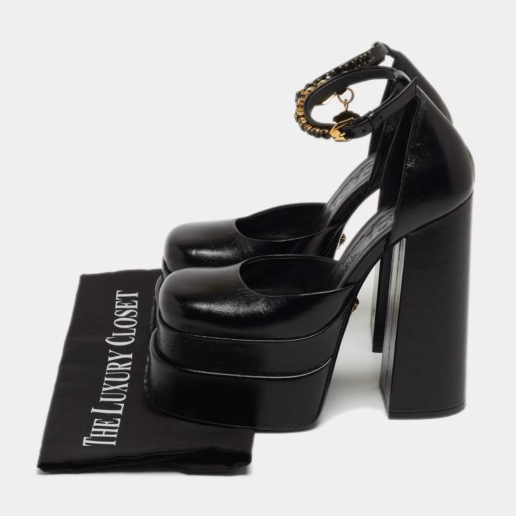Pre Owned Versace Black Leather Medusa Aevitas Platform Pumps Size 37