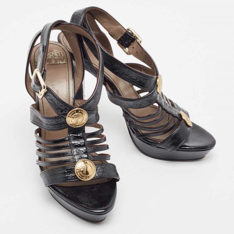 Pre Owned Versace Black Patent Leather Medusa Ankle Strap Sandals Size 39