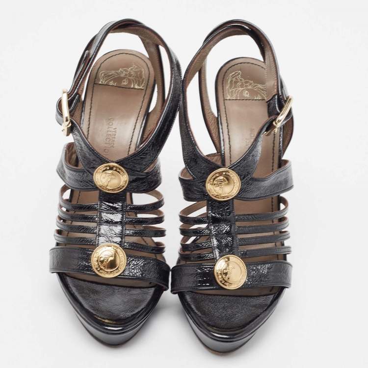 Pre Owned Versace Black Patent Leather Medusa Ankle Strap Sandals Size 39