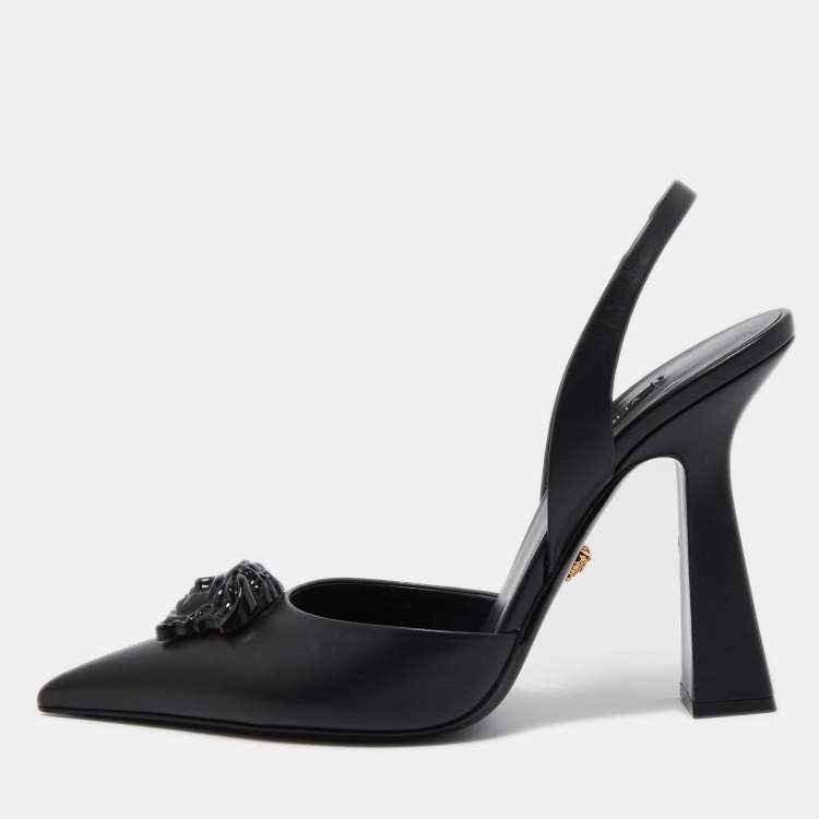 Pre Owned Versace Black Leather La Medusa Pointed Toe Slingback Pumps Size 40