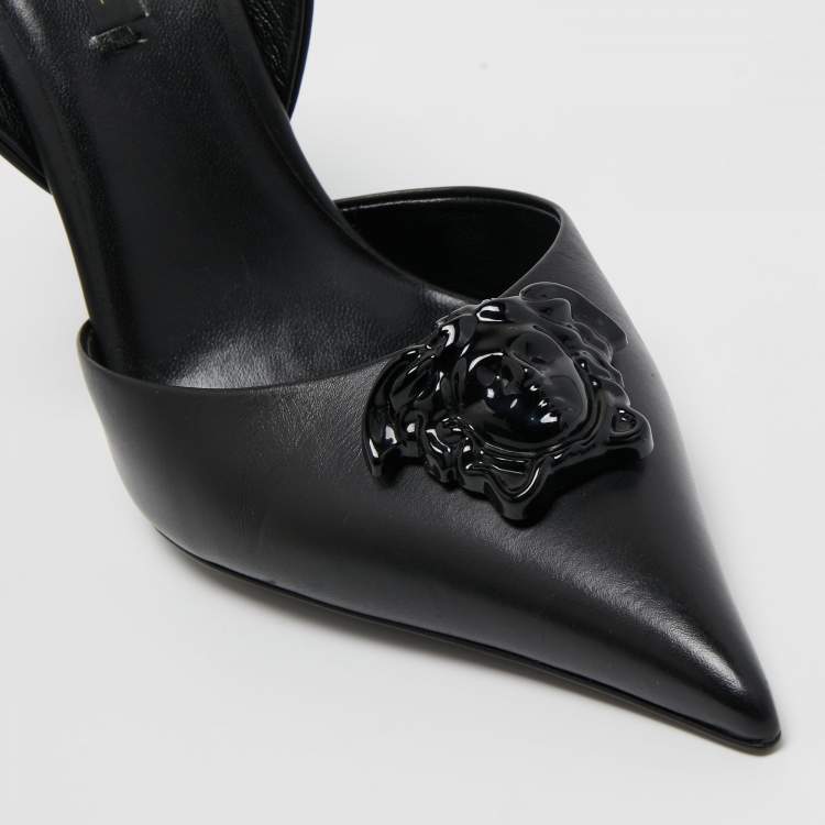 Pre Owned Versace Black Leather La Medusa Pointed Toe Slingback Pumps Size 40