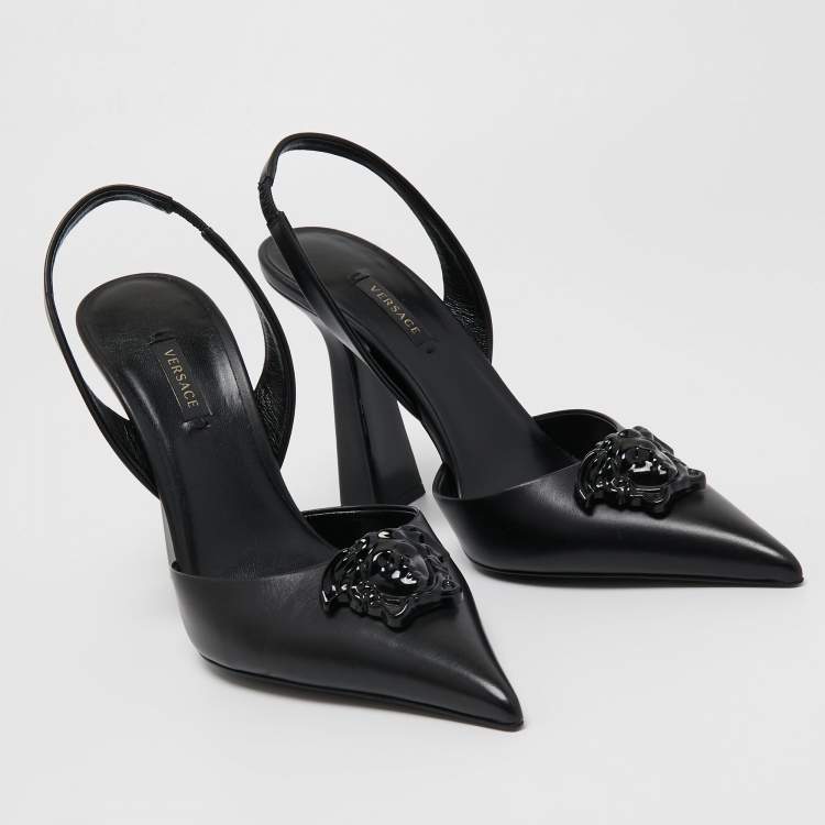 Pre Owned Versace Black Leather La Medusa Pointed Toe Slingback Pumps Size 40