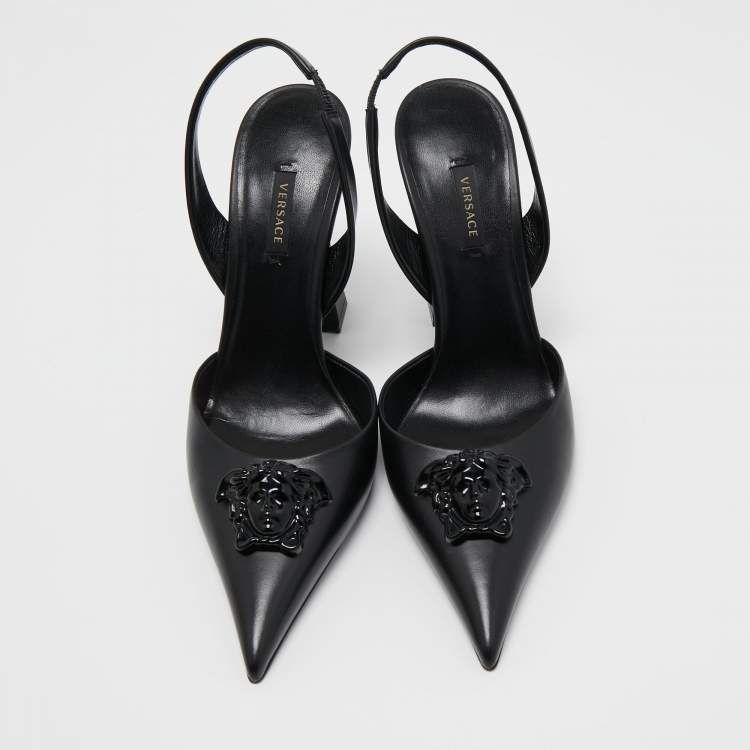 Pre Owned Versace Black Leather La Medusa Pointed Toe Slingback Pumps Size 40