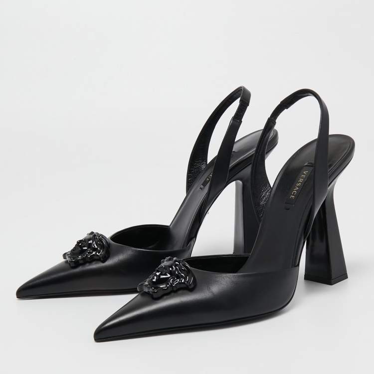 Pre Owned Versace Black Leather La Medusa Pointed Toe Slingback Pumps Size 40