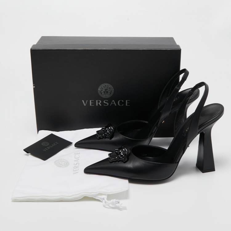 Pre Owned Versace Black Leather La Medusa Pointed Toe Slingback Pumps Size 40