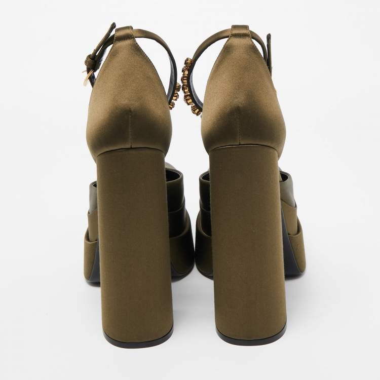 Pre Owned Versace Olive Green Satin D'Orsay Crystal Embellished Platform Block Heel Ankle Strap Pumps Size 40