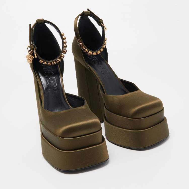 Pre Owned Versace Olive Green Satin D'Orsay Crystal Embellished Platform Block Heel Ankle Strap Pumps Size 40