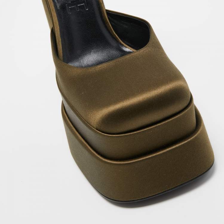 Pre Owned Versace Olive Green Satin D'Orsay Crystal Embellished Platform Block Heel Ankle Strap Pumps Size 40