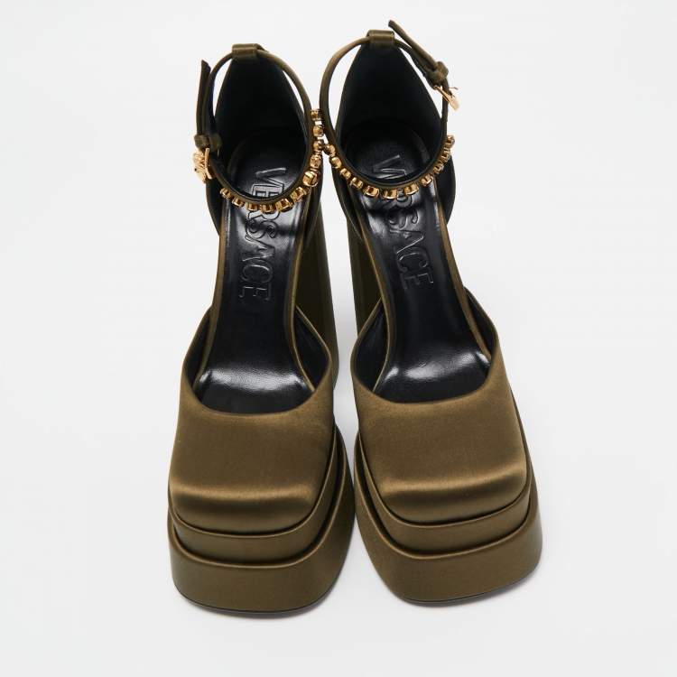 Pre Owned Versace Olive Green Satin D'Orsay Crystal Embellished Platform Block Heel Ankle Strap Pumps Size 40