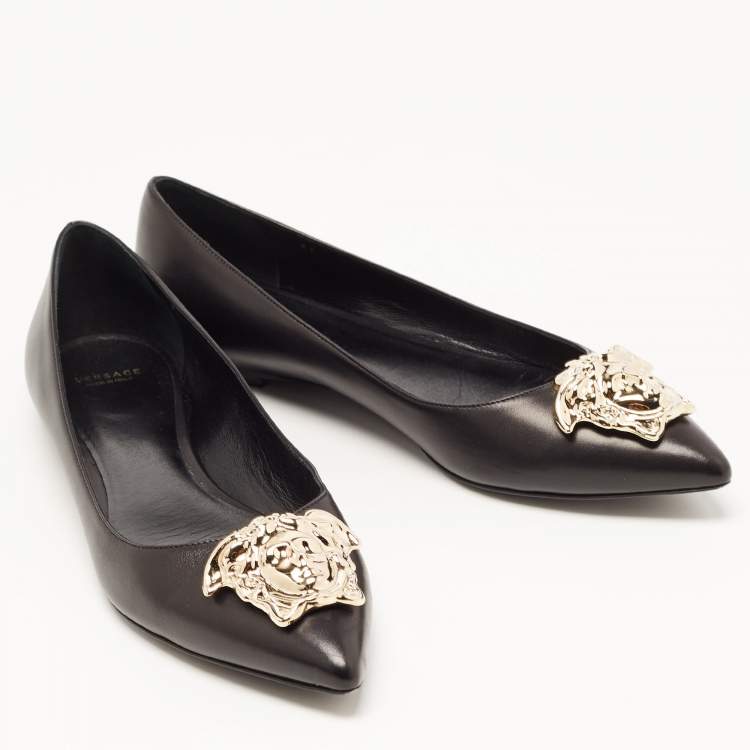 Pre Owned Versace Black Leather Medusa Ballet Flats Size 41